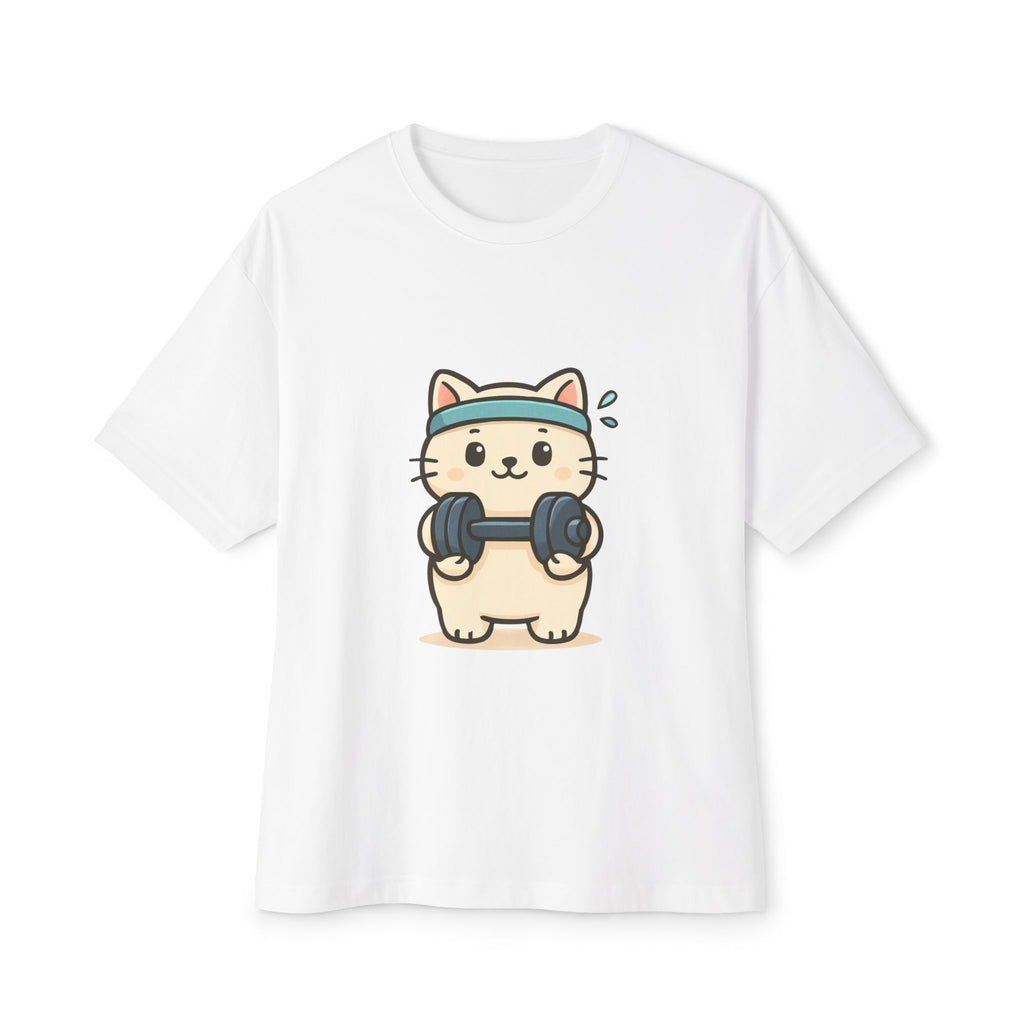 Cute Workout Cat Tee — Kawaii Cat Lifting Dumbbells Oversized T-Shirt