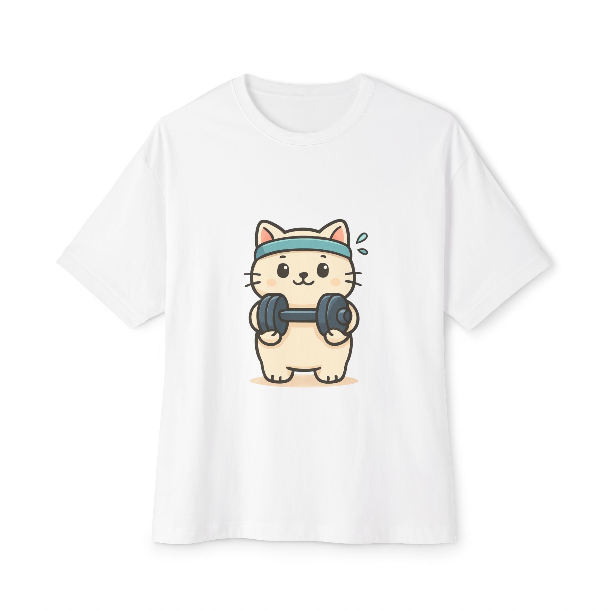 Cute Workout Cat Tee — Kawaii Cat Lifting Dumbbells Oversized T-Shirt