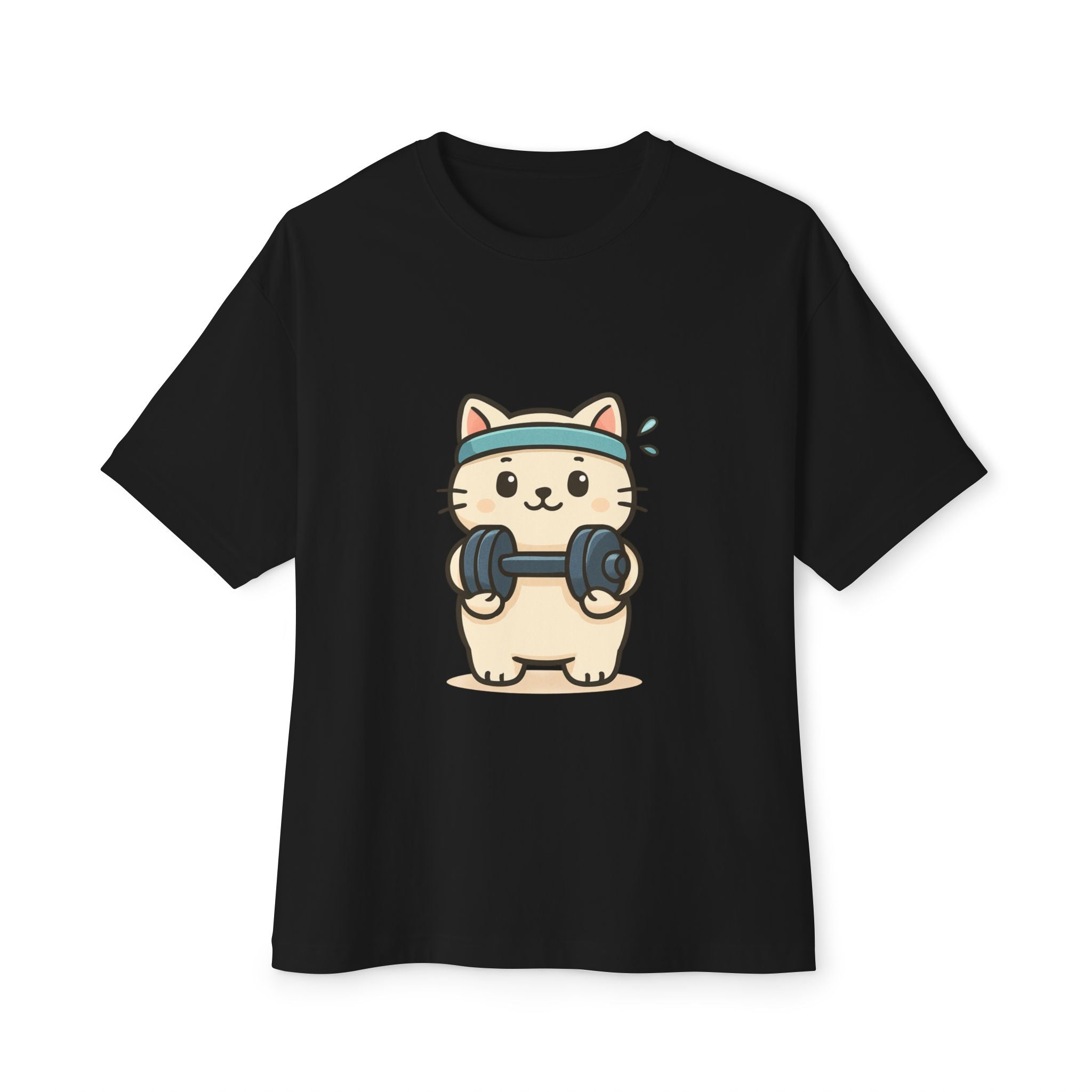 Cute Workout Cat Tee — Kawaii Cat Lifting Dumbbells Oversized T-Shirt