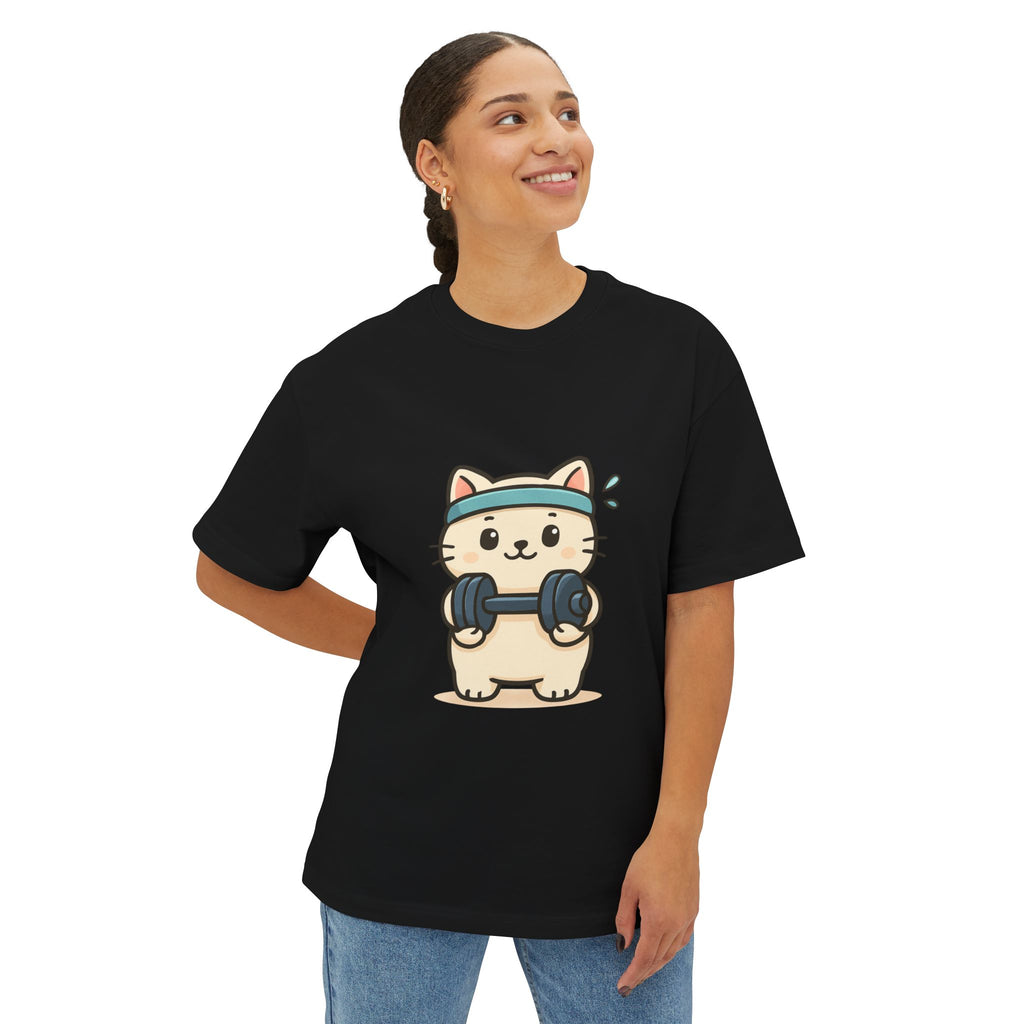 Cute Workout Cat Tee — Kawaii Cat Lifting Dumbbells Oversized T-Shirt