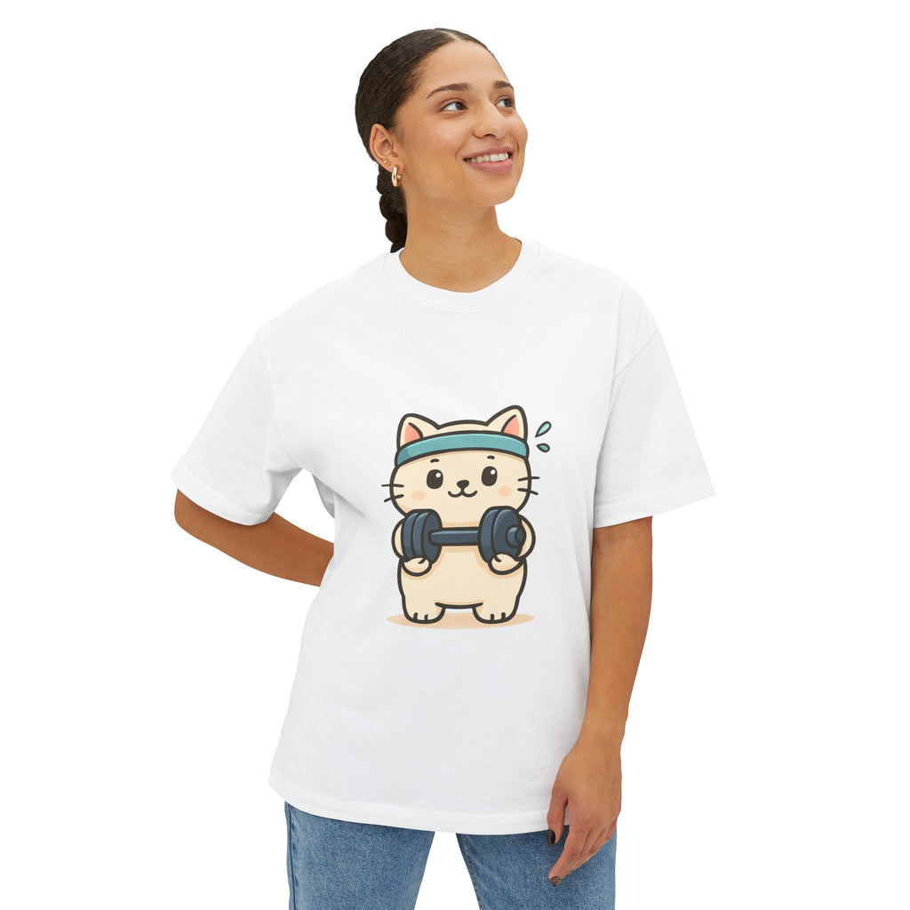 Cute Workout Cat Tee — Kawaii Cat Lifting Dumbbells Oversized T-Shirt
