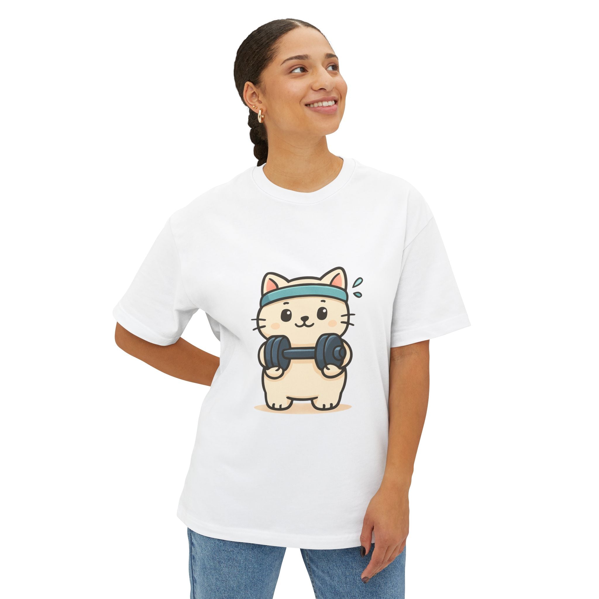 Cute Workout Cat Tee — Kawaii Cat Lifting Dumbbells Oversized T-Shirt
